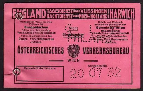 68714 Fahrkarte Brenner Kufstein 1932 Fahrscheinheft
