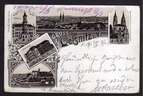 78046 AK Litho Oelsnitz V. Neue Schule Rathaus Kirche Voigtsberg 1896