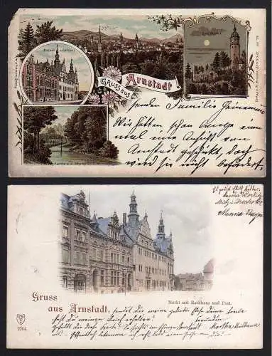 78688 2 AK Arnstadt 1899 Markt Rathaus Post  Burg Neideck Litho