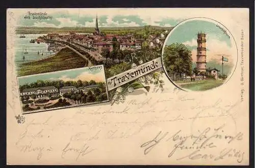 79124 AK Lübeck Travemünde 1897 Litho Leuchtturm Kurhaus