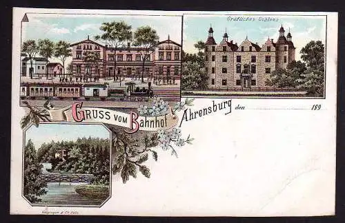 81790 AK Ahrensburg Litho Gruss vom Bahnhof Gräfl. Schloss  um 1900