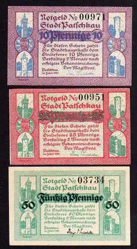 85537 Notgeld Patschkau 3 Scheine Huch Feuer Kieslich Motorspritzen Gymnasium