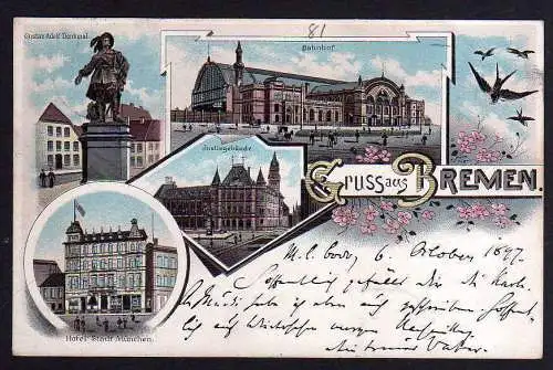 88431 AK Bremen Litho 1897 Bahnhof Hotel Stadt München Justizgebäude