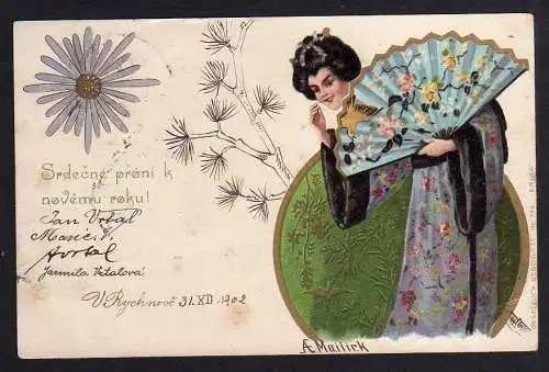 88690 AK Künstlerkarte Mailick 1902 Frau Asiatin mit Fächer Blume Japan