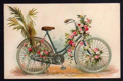 88321 blumengeschmücktes Fahrrad Litho um 1900