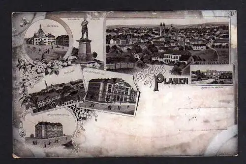 89088 AK Plauen V. 1899 Schloss Industrieschule Baugewerkschule Bismarck Denkmal