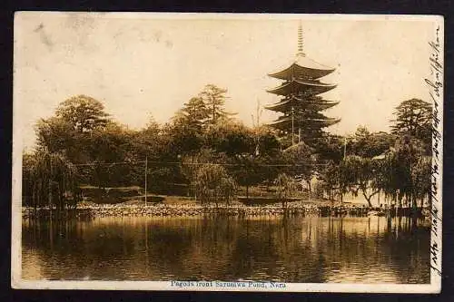 90767 AK Nara Japan Pagoda front Sarusawa Pond geschrieben Tsingtau China 1910