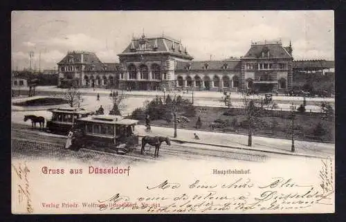 96787 AK Düsseldorf Hauptbahnhof 1900 mit Pferdebahn