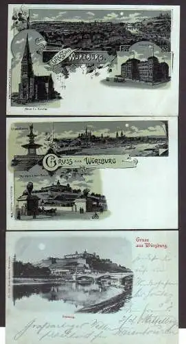 98906 3 AK Würzburg um 1900 Litho Uni Kirche Festung
