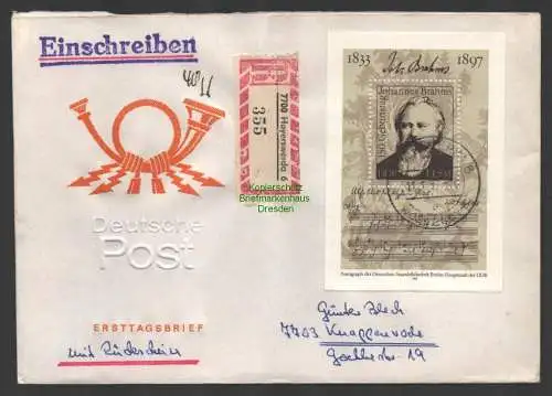 B-14633 DDR Block 69 150. Geburtstag von Johannes Brahms 1983 FDC mit Rückschein