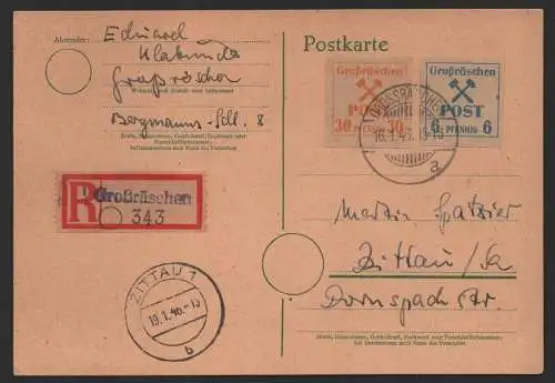 B-14538 Lokalausgabe Großräschen Postkarte Einschreiben 16.1.46 nach Zittau