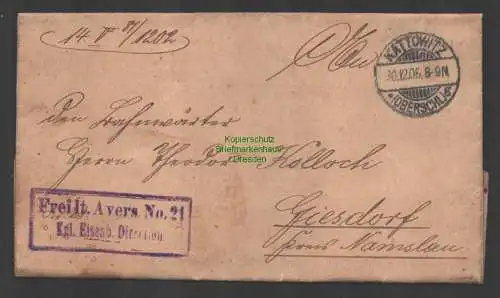 B-14666 Faltbrief Kattowitz Oberschl. 1905 Frei laut Avers No. 21 Kgl. Eisenbahn