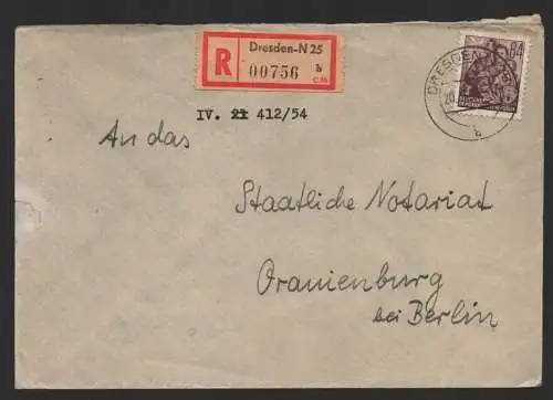 B-14529 DDR Brief 379 EF Dresden Einschreiben an Notariat Oranienburg 20.9.54