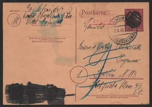 B-14503 Sächsische Schwärzung Ganzsache Radiumbad Oberschlema 9.8.45 nach Berlin