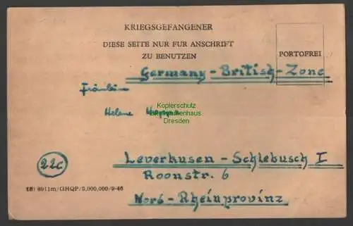 B-14746 Kriegsgefangener Portofrei Vordruckkarte nach Leverkusen 1946 Lager 2750