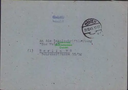 B-16529 SBZ Gebühr bezahlt Brief Nauen 1945 nach Berlin
