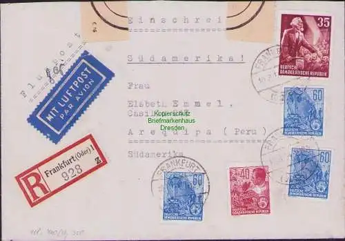 B-16437 Brief DDR Luftpost 1954 Frankfurt Oder nach Arequipa Peru Südamerika