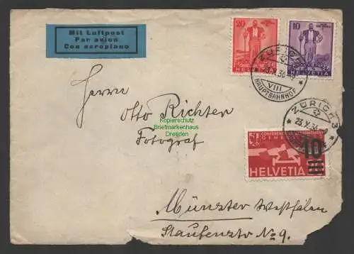 B-14735 Briefvorderseite Schweiz Zürich 1936 Luftpost nach Münster Westf.