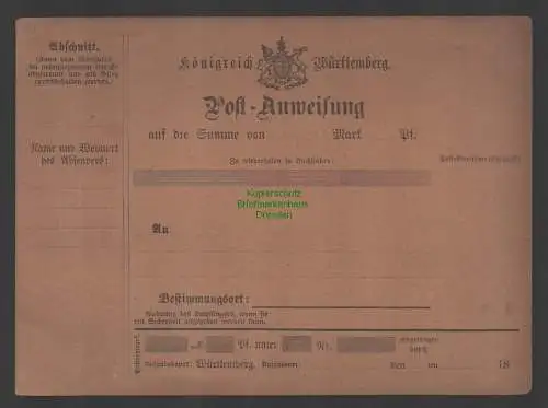 B-14744 Königreich Württemberg Post Anweisung ungebrauchtes Formular um 1890