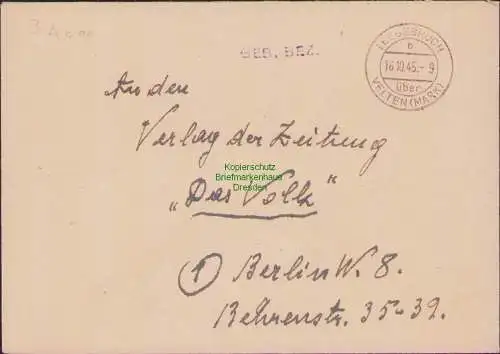 B-17819 Brief Gebühr bezahlt Leegebruch über Velten Mark 1945 nach Berlin an