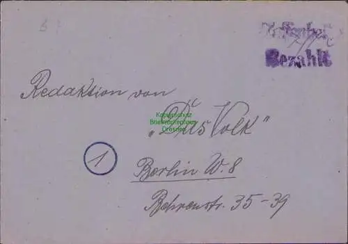 B-17818 Brief Gebühr bezahlt Nassenheide Nordbahn 1945 oder 1946 nach Berlin
