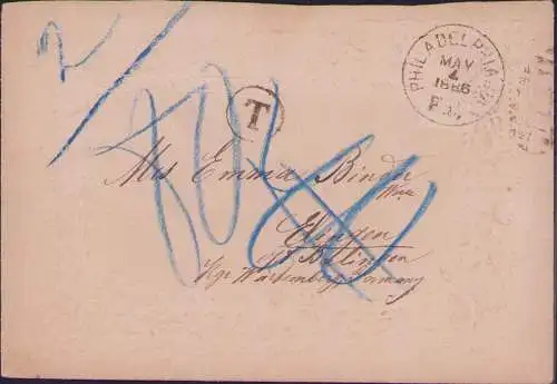 B-16661 Brief USA Philadelphia 1886 Präge Zierbrief Nachgebühr Ebingen Albstadt