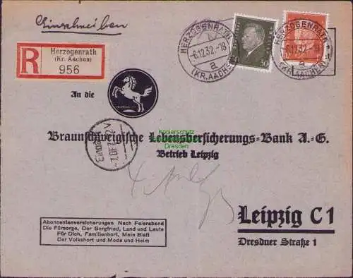 B-17638 Brief Einschreiben DR Deutsches Reich Herzogenrath Kr. Aachen 1932 an