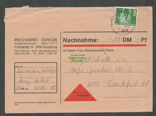 B-5496 BRD 1137 EF Brief Einzelfrankatur Nachnahme Inkasso