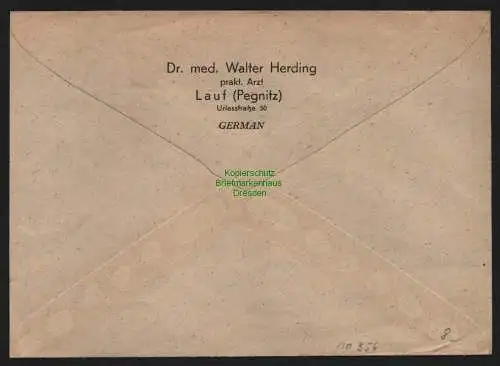 B10356 Brief BAZ Gebühr bezahlt 1946 Lauf (Pegnitz) an Sparkasse München