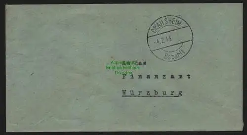 B10349 Brief BAZ Gebühr bezahlt 1946 Crailsheim an Finanzamt Würzburg