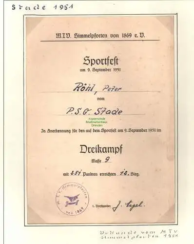 B10272 MTV Himmelpforten Urkunde Sportfest 1951