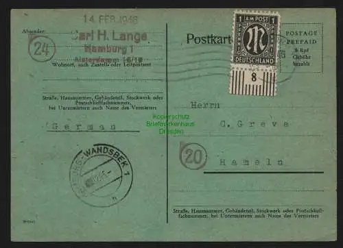 B10315 BAZ Notganzsache 1946 Hamburg nach Hameln