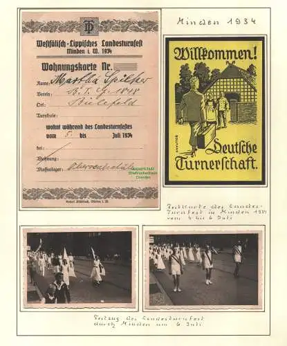 B10280 Minden 1934 Landesturnfest 1934 Wohnungskarte + 2x Foto Festumzug