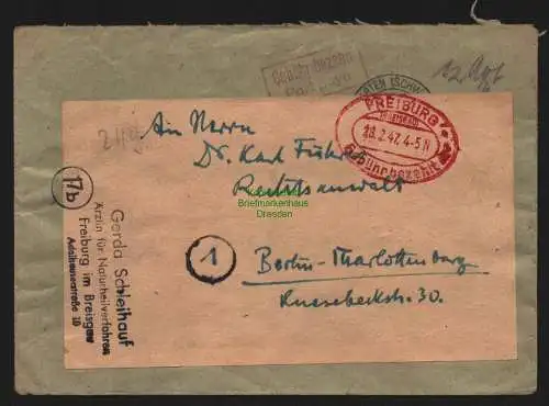 B10324 Brief BAZ Gebühr bezahlt 1947 Freiburg im Breisgau Berlin Charlottenburg