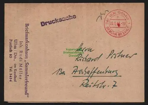 B10342 Brief BAZ Gebühr bezahlt 1949 Ulm Donau Drucksache nach Aschaffenburg