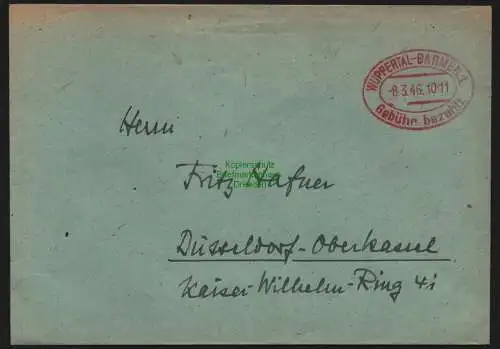 B10339 Brief BAZ Gebühr bezahlt 1946 Wuppertal Barmen nach Düsseldorf Oberkassel