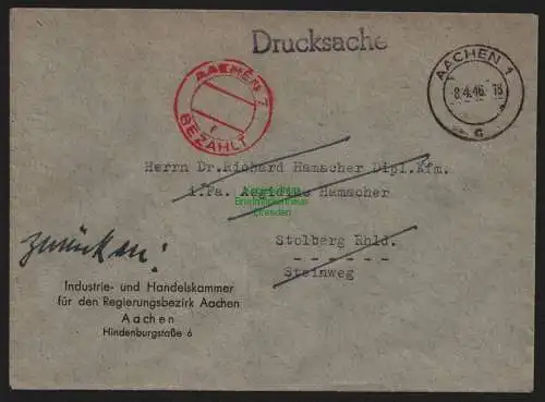 B10352 Brief BAZ Gebühr bezahlt 1946 Aachen nach Stolberg Rhld. Handelskammer