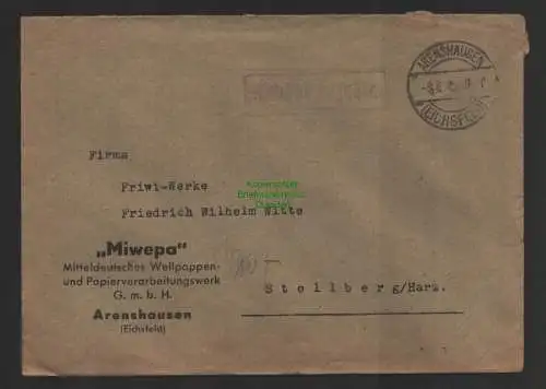 B10140 Brief SBZ Gebühr bezahlt Arenshausen Eichsfeld 1945 Miwepa Friwi Stolberg