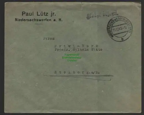 B10128 Brief SBZ Gebühr bezahlt Niedersachswerfen Südharz 1945 an Friwi Stolberg