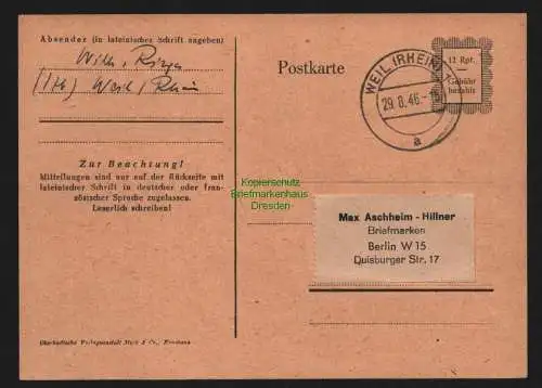 B10309 BAZ Notganzsache 1946 Weil Rhein nach Berlin