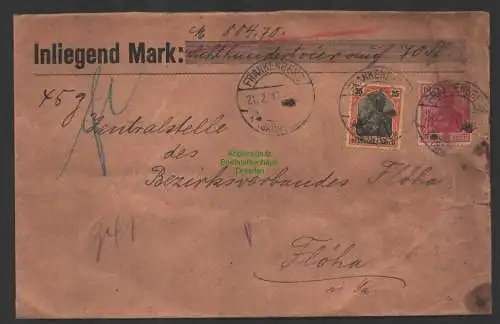 B10194 Deutsches Reich Wertbrief 1916 Frankenberg an Zentralstelle Flöha