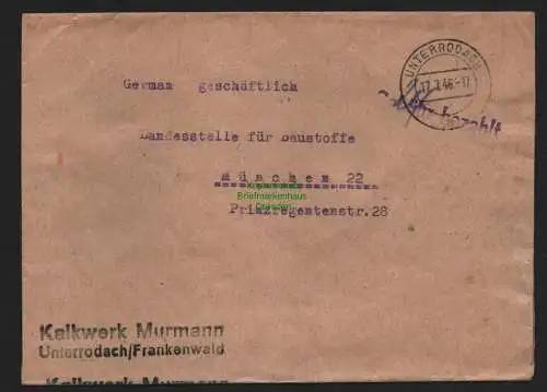 B10561 Brief BAZ Gebühr bezahlt 1946 Unterrodach Kalkwerk Murmann nach Müchen
