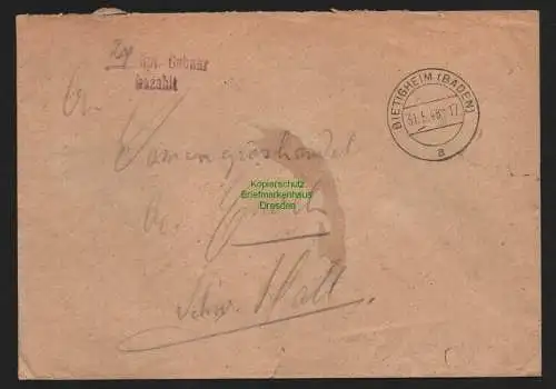 B10432 Brief BAZ Gebühr bezahlt 1948 Bietigheim Baden nach Schwäbisch Hall