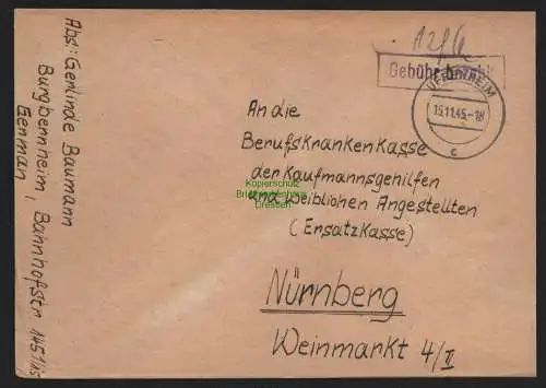 B10486 Brief BAZ Gebühr bezahlt 1945 Uffenheim nach Nürnberg