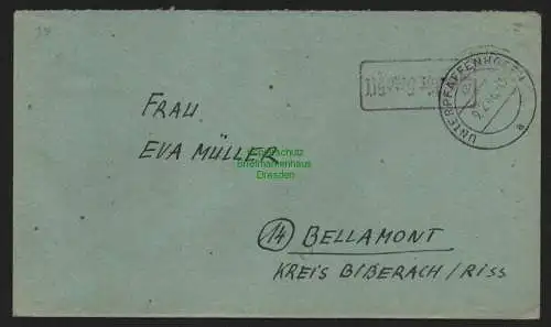 B10489 Brief BAZ Gebühr bezahlt 1946 Unterpfaffenhofen nach Bellamont Bieberach