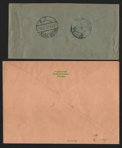 B10447 2x Brief franz Zone Gebühr bezahlt 1946 Bühl Baden Einschreiben Frankfurt