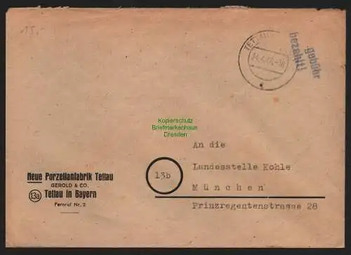B10431 Brief BAZ Gebühr bezahlt 1946 Porzellanfabrik Tettau in Bayern n. München
