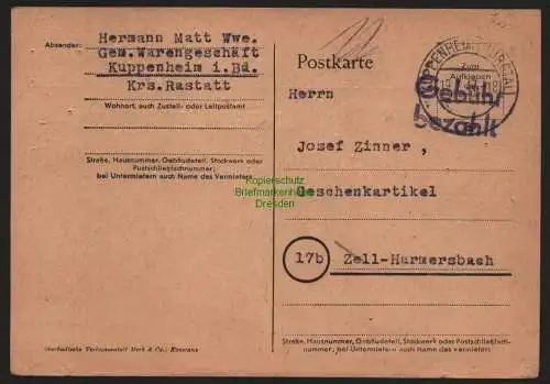 B10409 Postkarte BAZ Gebühr bezahlt 1947 Kuppenheim Murgtal n. Zell Harmersbach