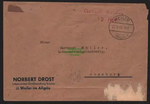 B10390 Brief BAZ Gebühr bezahlt 1945 Weiler im Allgäu nach Augsburg