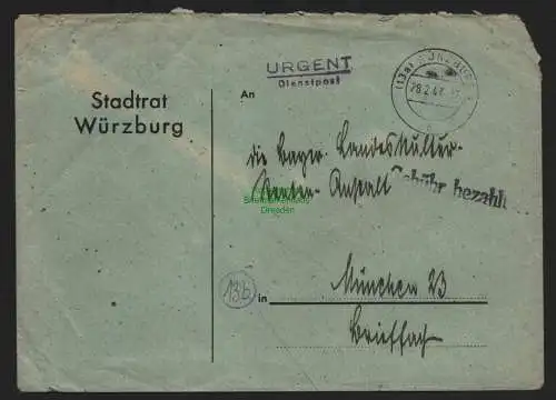B10576 Brief BAZ Gebühr bezahlt 1947 Würzburg Stadtrat nach München